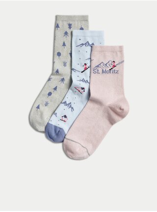  Súprava troch párov dámskych ponožiek s lyžiarskym motívom v ružovej, modrej a šedej farbe Marks & Spencer