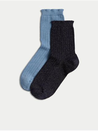 Sada dvou párů dámských třpytivých ponožek v tmavě modré a světle modré barvě Marks & Spencer 