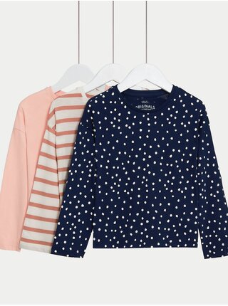 Sada tří holčičích vzorovaných triček v růžové, krémové a tmavě modré barvě Marks & Spencer     