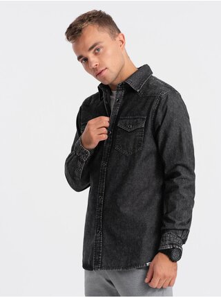 Čierna pánska rifľová košeľa Ombre Clothing