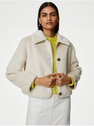 Béžová dámska krátka bunda z umelého kožúšku Marks & Spencer