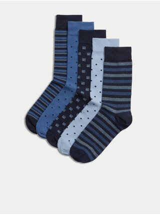 Súprava piatich párov pánskych vzorovaných ponožiek v modrej farbe Marks & Spencer