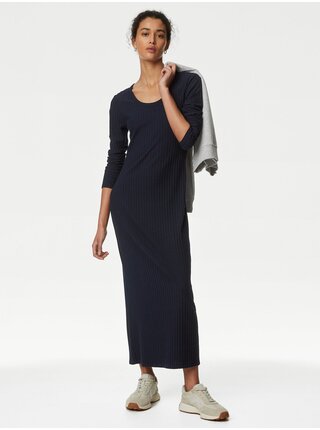 Tmavomodré dámske rebrované midi šaty Marks & Spencer