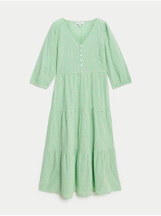 Nabírané kárované midi šaty z čisté bavlny Marks & Spencer zelená