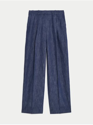 Tmavě modré dámské široké kalhoty s příměsí lnu Marks & Spencer 
