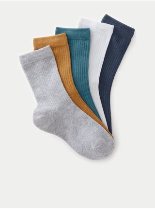 Sada pěti párů dětských žebrovaných ponožek v šedé, hořčicové, petrolejové, bílé a tmavě šedé barvě Marks & Spencer 
