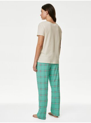 Tyrkysovo-krémová dámská kostkovaná pyžamová souprava Marks & Spencer   