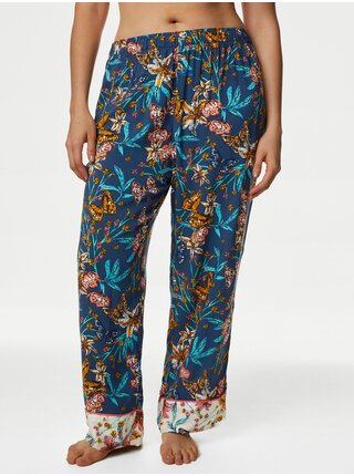 Tmavomodré dámske kvetované pyžamové nohavice Marks & Spencer