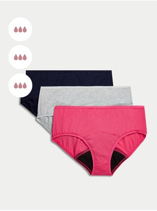 Sada tří dámských menstruačních kalhotek s vysokou savostí v tmavě růžové, šedé a černé barvě Marks & Spencer 