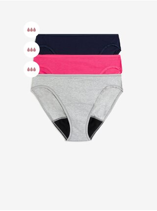 Sada tří dámských menstruačních kalhotek s vysokou savostí v šedé, tmavě růžové a černé barvě Marks & Spencer 