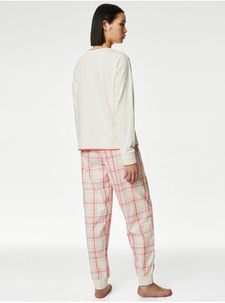 Krémová dámská kostkovaná pyžamová souprava Marks & Spencer  