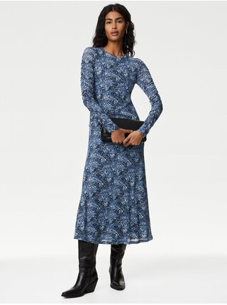  Modré dámske vzorované šaty so sieťovinou Marks & Spencer
