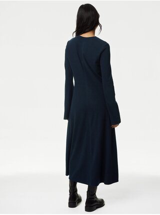 Tmavě modré dámské midi šaty s rozšířenými rukávy Marks & Spencer    