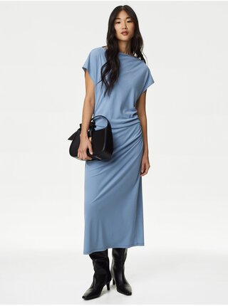 Světle modré dámské žerzejové midi šaty s řasením Marks & Spencer 