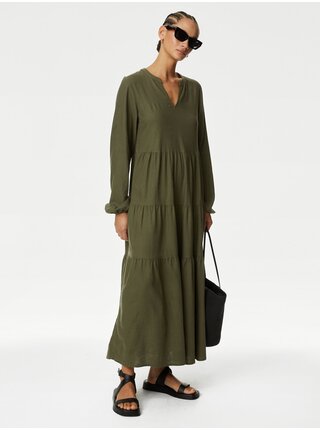 Tmavě zelené dámské šaty s příměsí lnu Marks & Spencer 
