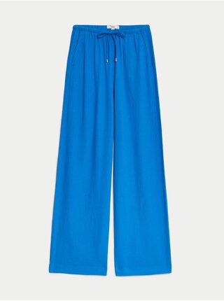 Modré dámské široké kalhoty s příměsí lnu Marks & Spencer 