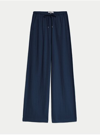 Tmavomodré dámske široké nohavice s prímesou ľanu Marks & Spencer