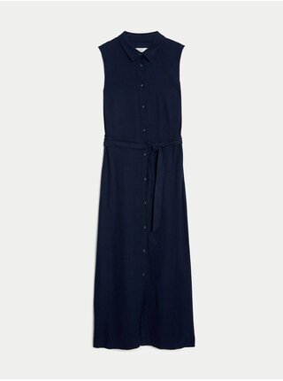 Tmavomodré dámske košeľové midi šaty s prímesou ľanu Marks & Spencer