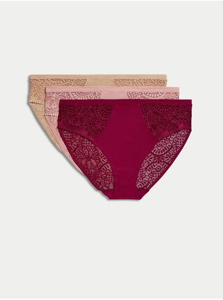 Sada tří dámských krajkových kalhotek ve vínové, růžové a béžové barvě Marks & Spencer Body Soft™