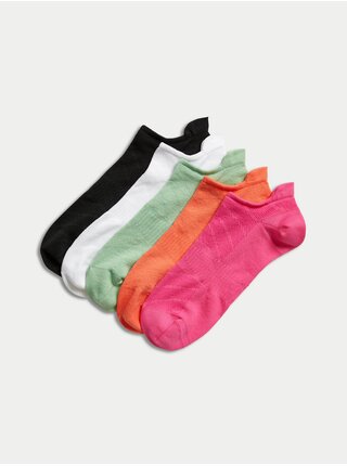 Sada piatich párov dámskych športových ponožiek v tmavoružovej, oranžovej, zelenej, bielej a čiernej farbe Marks & Spencer Trainer Liners™