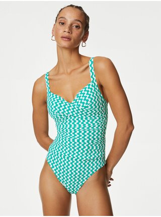 Bílo-zelené dámské jednodílné vzorované plavky Marks & Spencer 