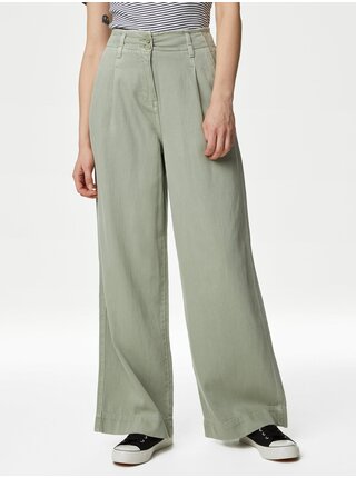 Světle zelené dámské široké kalhoty Marks & Spencer      