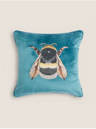 Tyrkysový sametový dekorativní polštář s motivem včely Marks & Spencer 