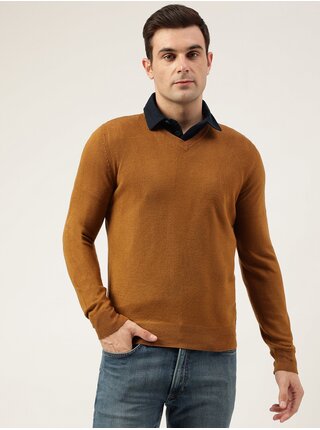Hnědý pánský basic svetr s véčkovým výstřihem Marks & Spencer Cashmilon™ 