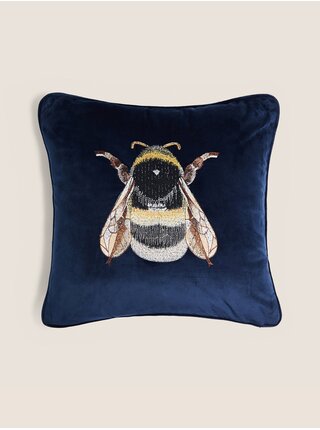 Tmavě modrý sametový dekorativní polštář s motivem včely Marks & Spencer 