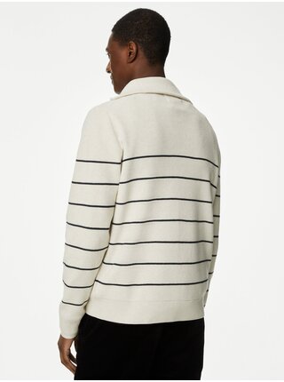 Krémový pánský proužkovaný svetr s límcem Marks & Spencer