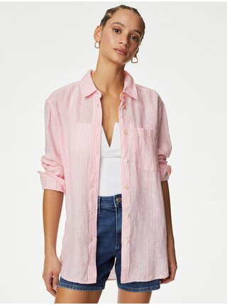 Růžová dámská oversize pruhovaná lněná košile Marks & Spencer    
