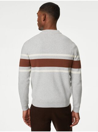 Hnědo-šedý pánský svetr s pruhy Marks & Spencer 
