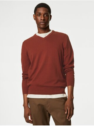 Cihlový pánský basic svetr s véčkovým výstřihem Marks & Spencer 
