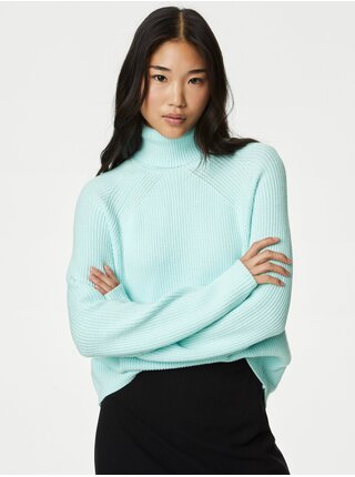 Tyrkysový dámsky rebrovaný sveter s rolákom Marks & Spencer