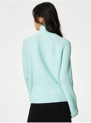 Tyrkysový dámsky rebrovaný sveter s rolákom Marks & Spencer