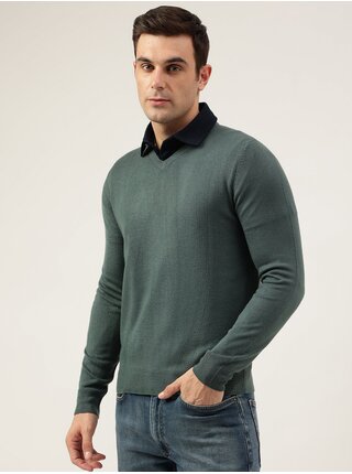 Zelený pánsky basic sveter s véčkovým výstrihom Marks & Spencer Cashmilon™