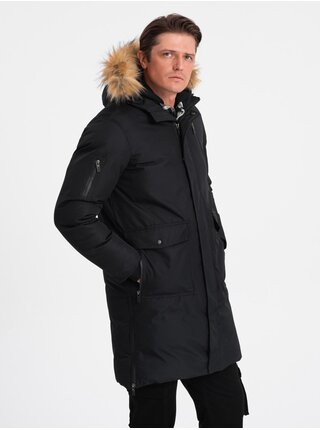 Čierna pánska zimná bunda s umelým kožúškom Ombre Clothing Alaskan