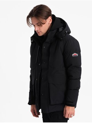 Čierna pánska prešívaná zimná bunda s kapucňou Ombre Clothing