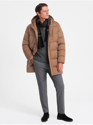 Hnedý pánsky zimný prešívaný kabát Ombre Clothing