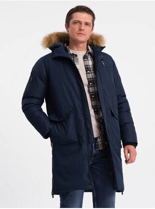 Tmavomodrá pánska zimná bunda s umelým kožúškom Ombre Clothing Alaskan