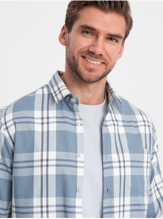 Svetlomodrá pánska kockovaná flanelová košeľa Ombre Clothing