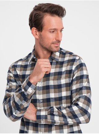 Hnědo-modrá pánská kostkovaná flanelová košile Ombre Clothing