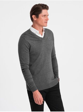 Sivý pánsky sveter s košeľovým golierom Ombre Clothing
