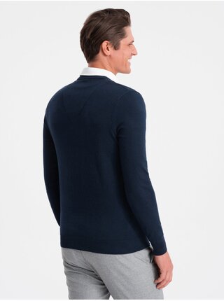 Tmavomodrý pánsky sveter s košeľovým golierom Ombre Clothing