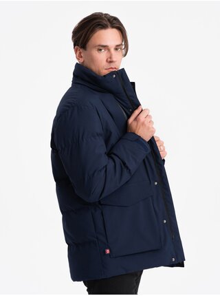 Tmavě mdorá pánská prošívaná zimní bunda s kapucí Ombre Clothing