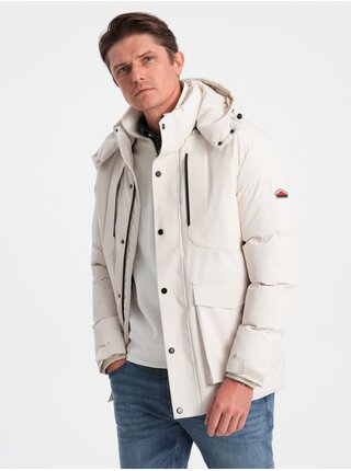 Krémová pánska prešívaná zimná bunda s kapucňou Ombre Clothing