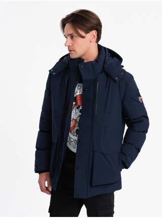 Tmavomodrá pánska prešívaná zimná bunda s kapucňou Ombre Clothing