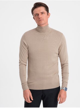 Béžový pánsky basic sveter s rolákom Ombre Clothing