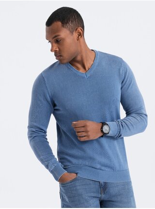 Modrý pánsky basic sveter s véčkovým výstrihom Ombre Clothing