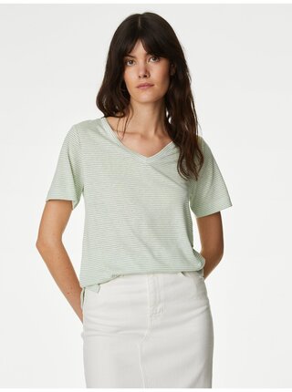 Svetlo zelené dámske pruhované tričko s prímesou ľanu Marks & Spencer